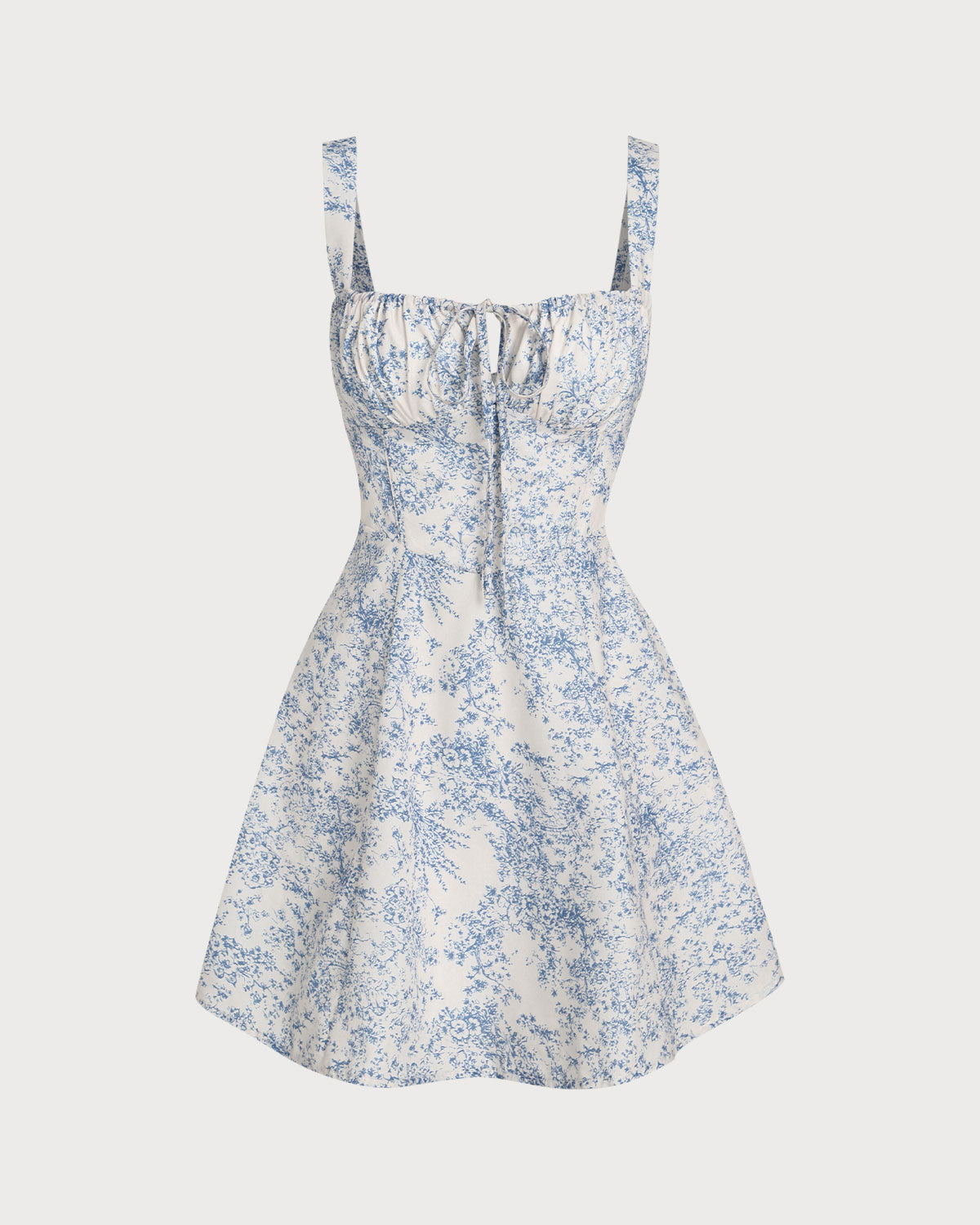 Blue Floral A-Line Slip Dress with Ruched Detail