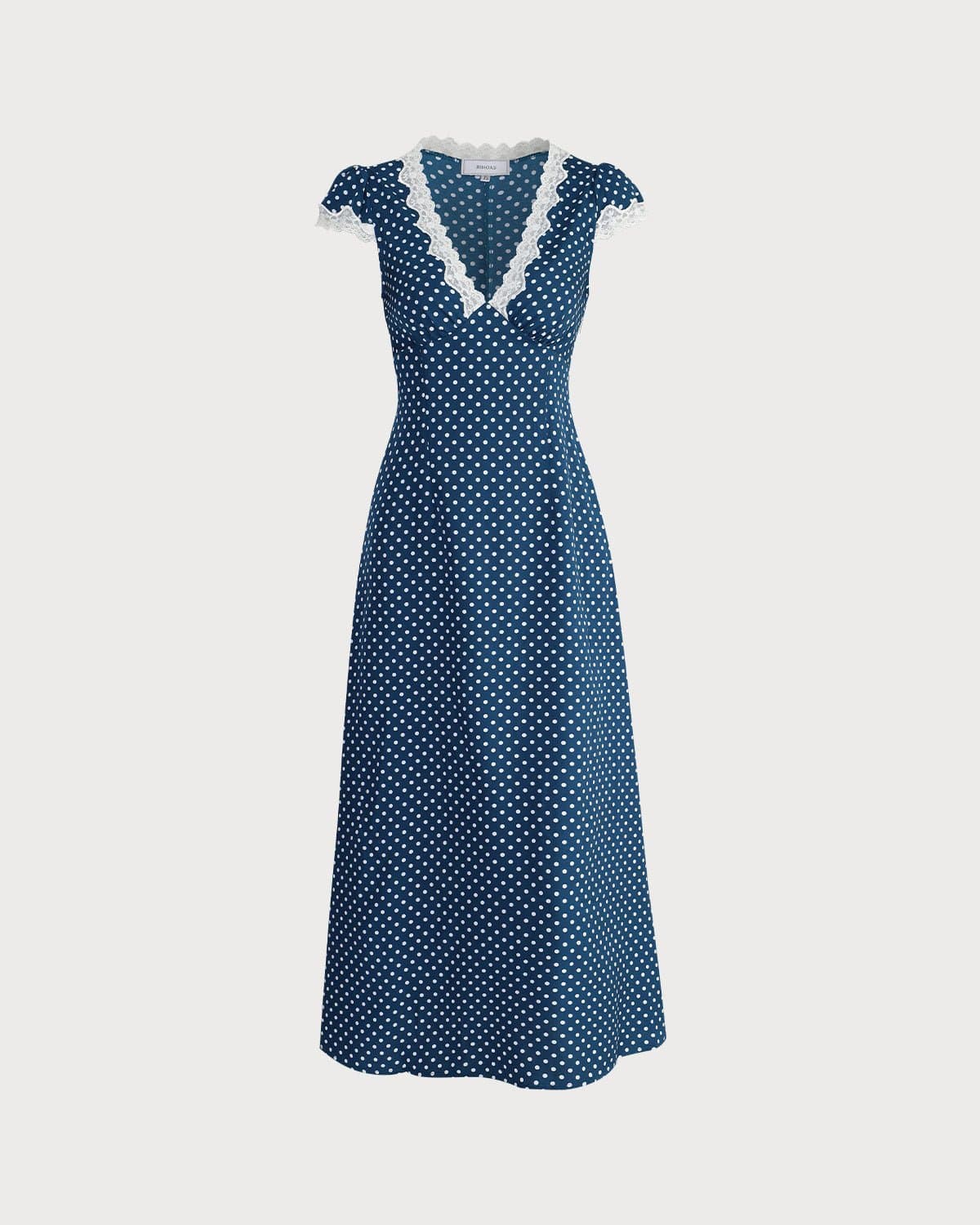 Navy Polka Dot Ruched Maxi Dress with Delicate Lace