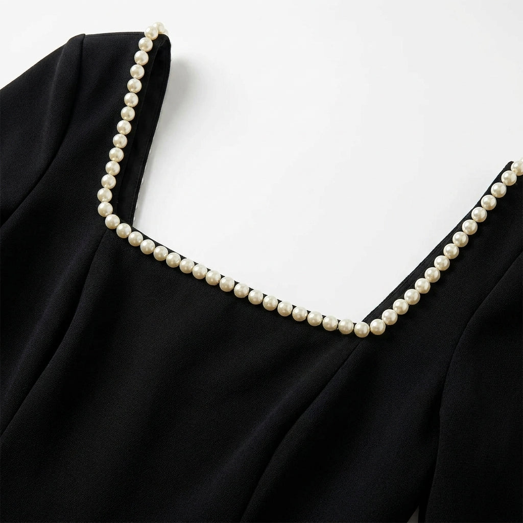 Black Mini Dress with Pearl Trim - Elegant Fitted Cocktail Dress