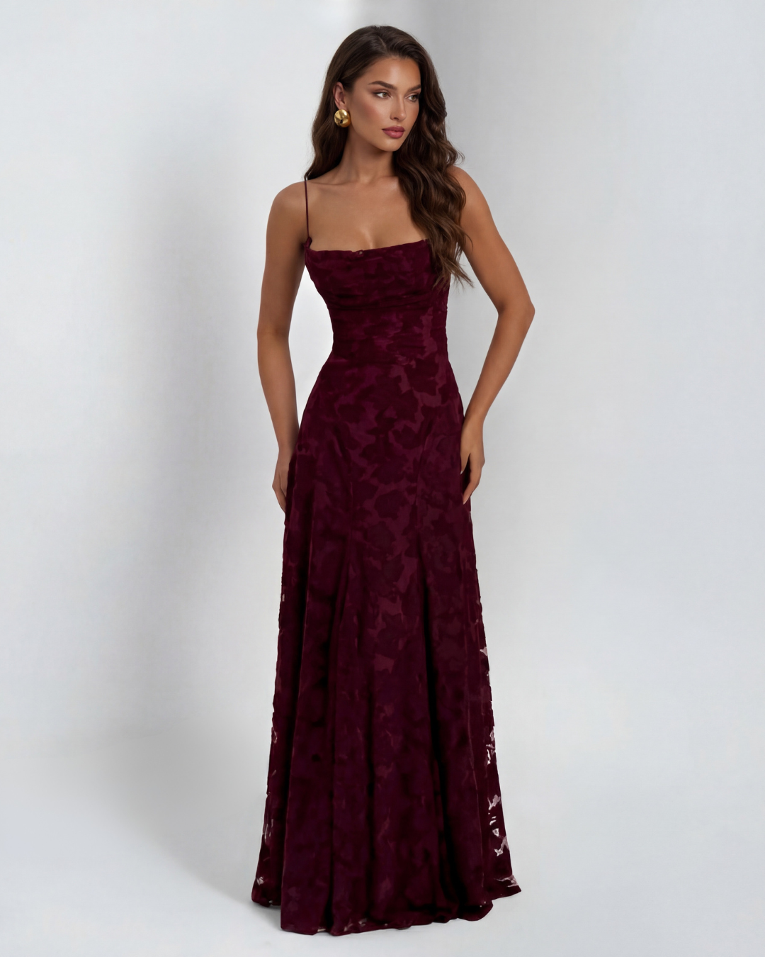 Pink Floral Lace Maxi Dress with Spaghetti Straps — Burgundy