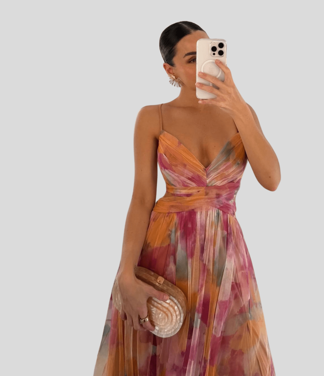 Floral Orange Maxi Dress - Ruffle Strap, Square Neck