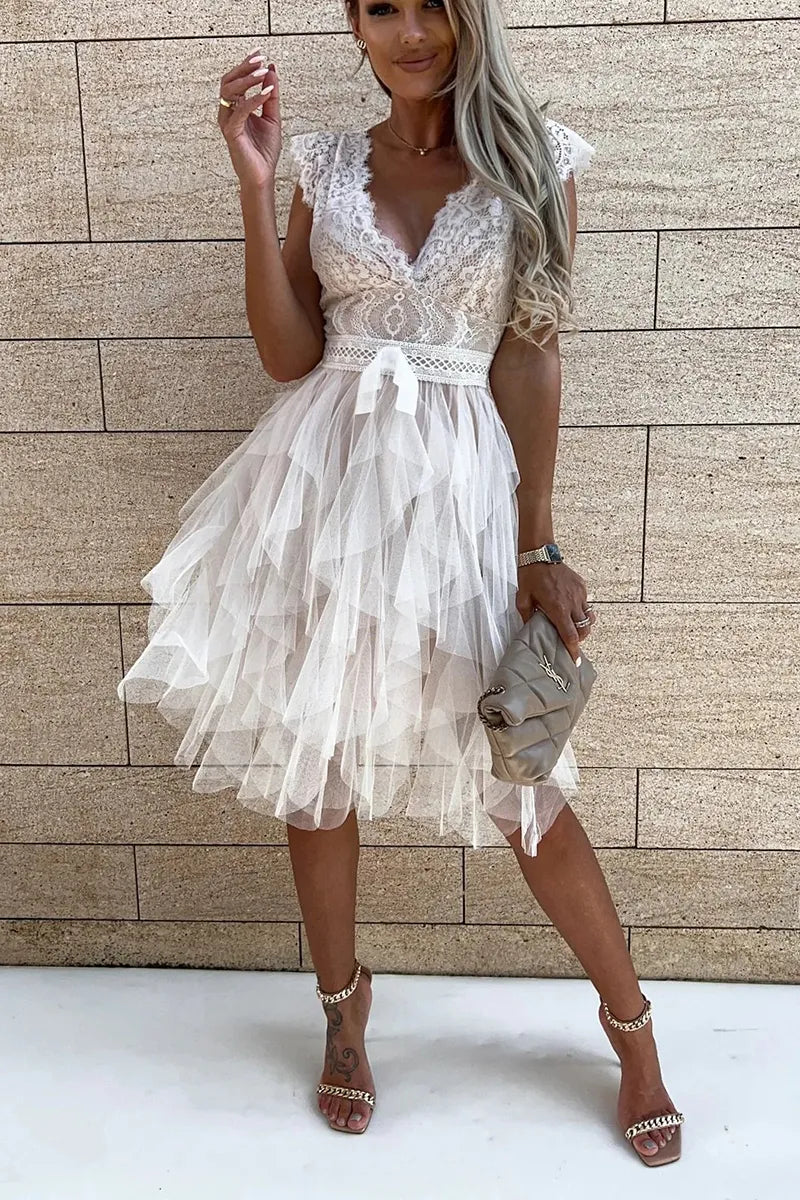 White Ruched Mini Dress with Ruffle Hem for Effortless Style
