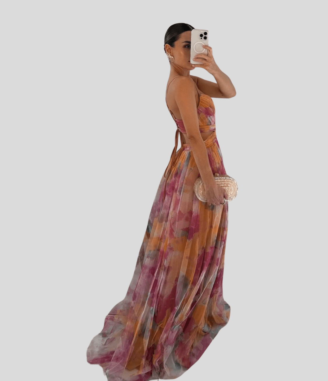 Floral Orange Maxi Dress - Ruffle Strap, Square Neck