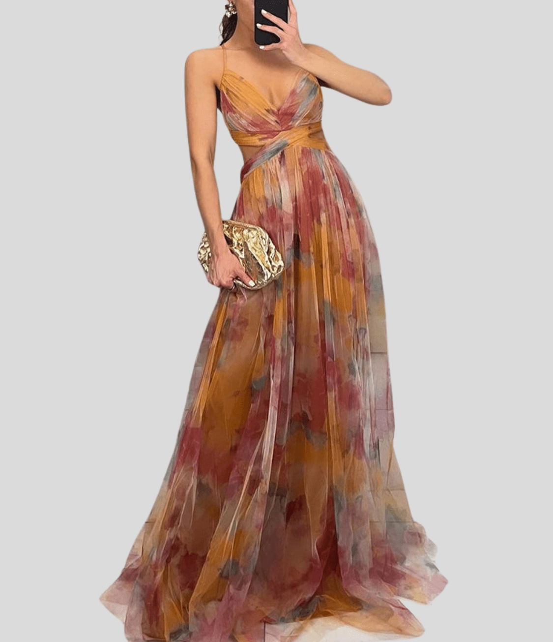 Floral Orange Maxi Dress - Ruffle Strap, Square Neck