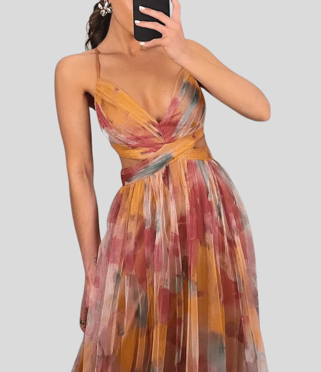 Floral Orange Maxi Dress - Ruffle Strap, Square Neck