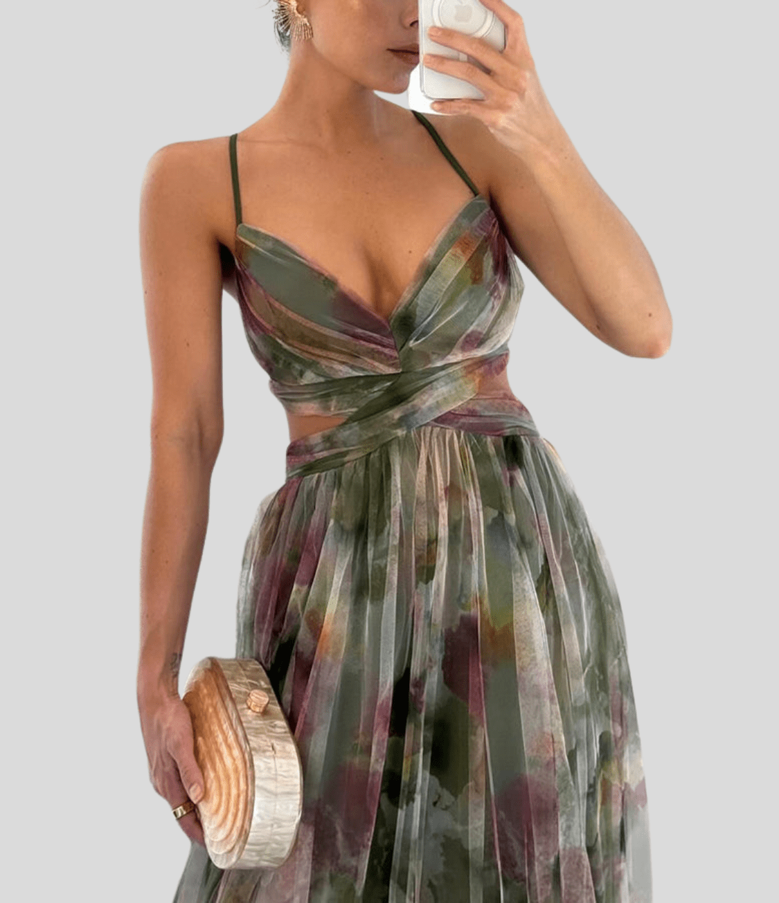 Floral Orange Maxi Dress - Ruffle Strap, Square Neck — Floral Green