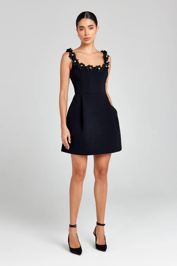 Monochrome Floral Appliqué A-Line Mini Dress