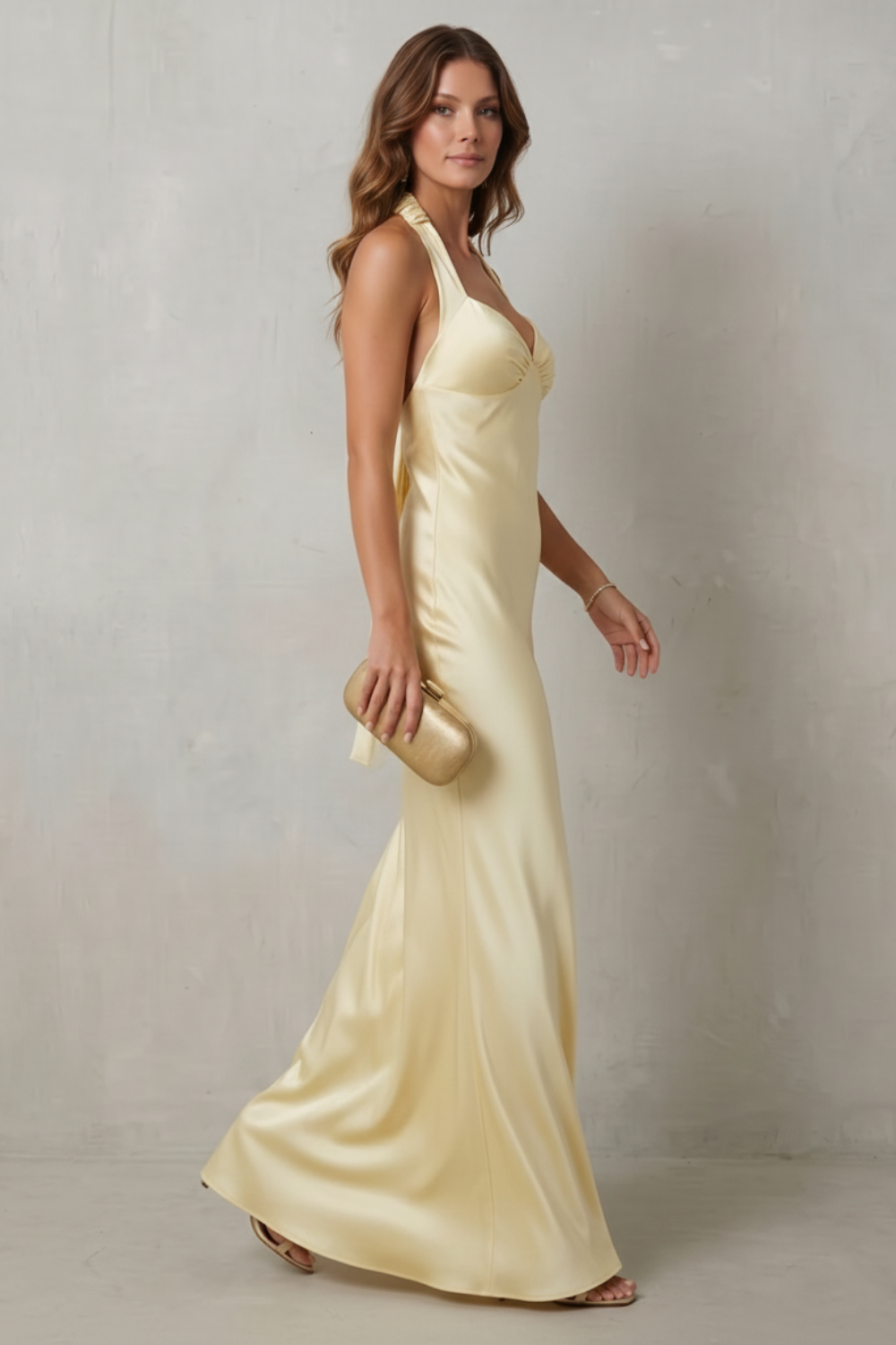 Yellow Off-Shoulder Satin Maxi Dress for Elegant Evenings