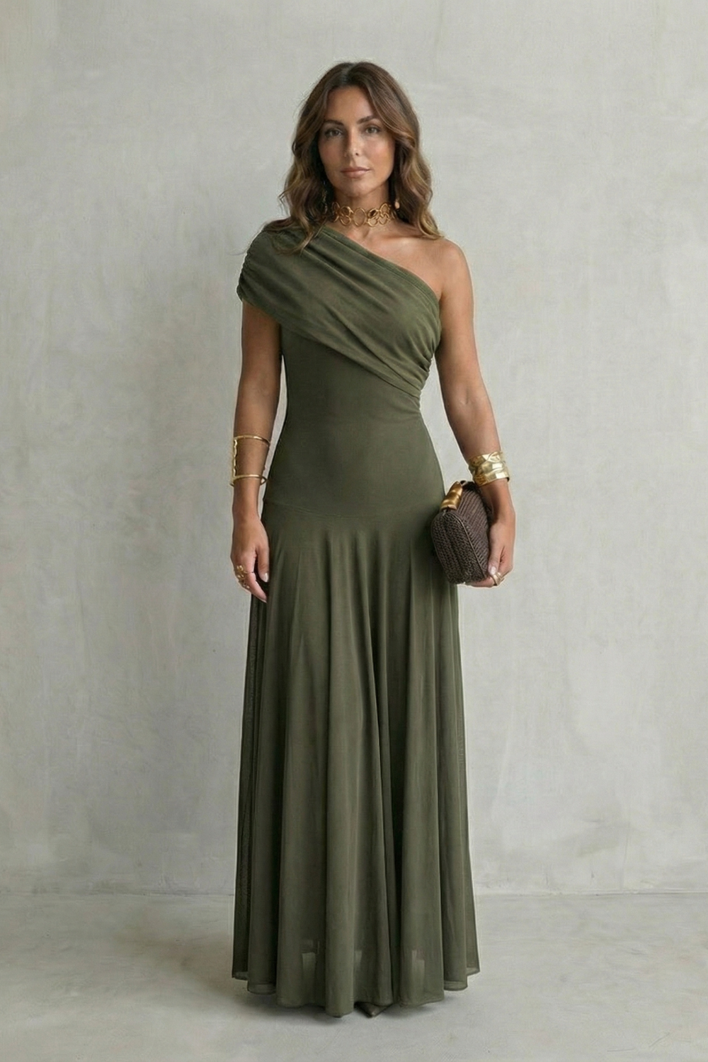 Brown One-Shoulder Maxi Dress with Draped Neckline