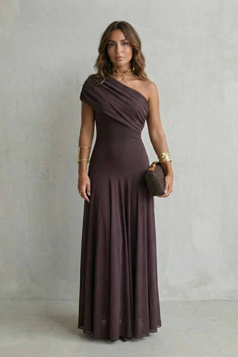 Brown One-Shoulder Maxi Dress with Draped Neckline