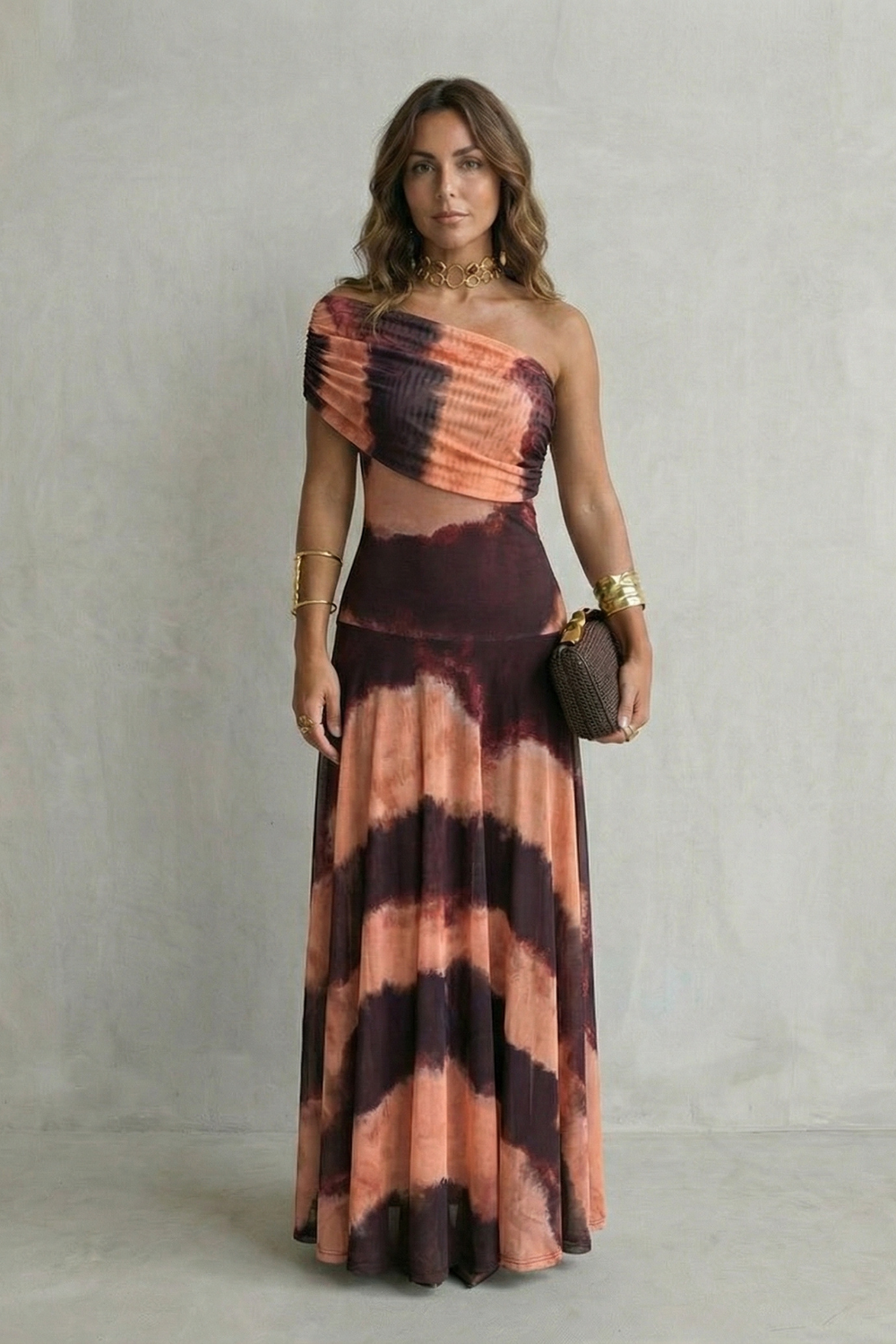 Brown One-Shoulder Maxi Dress with Draped Neckline