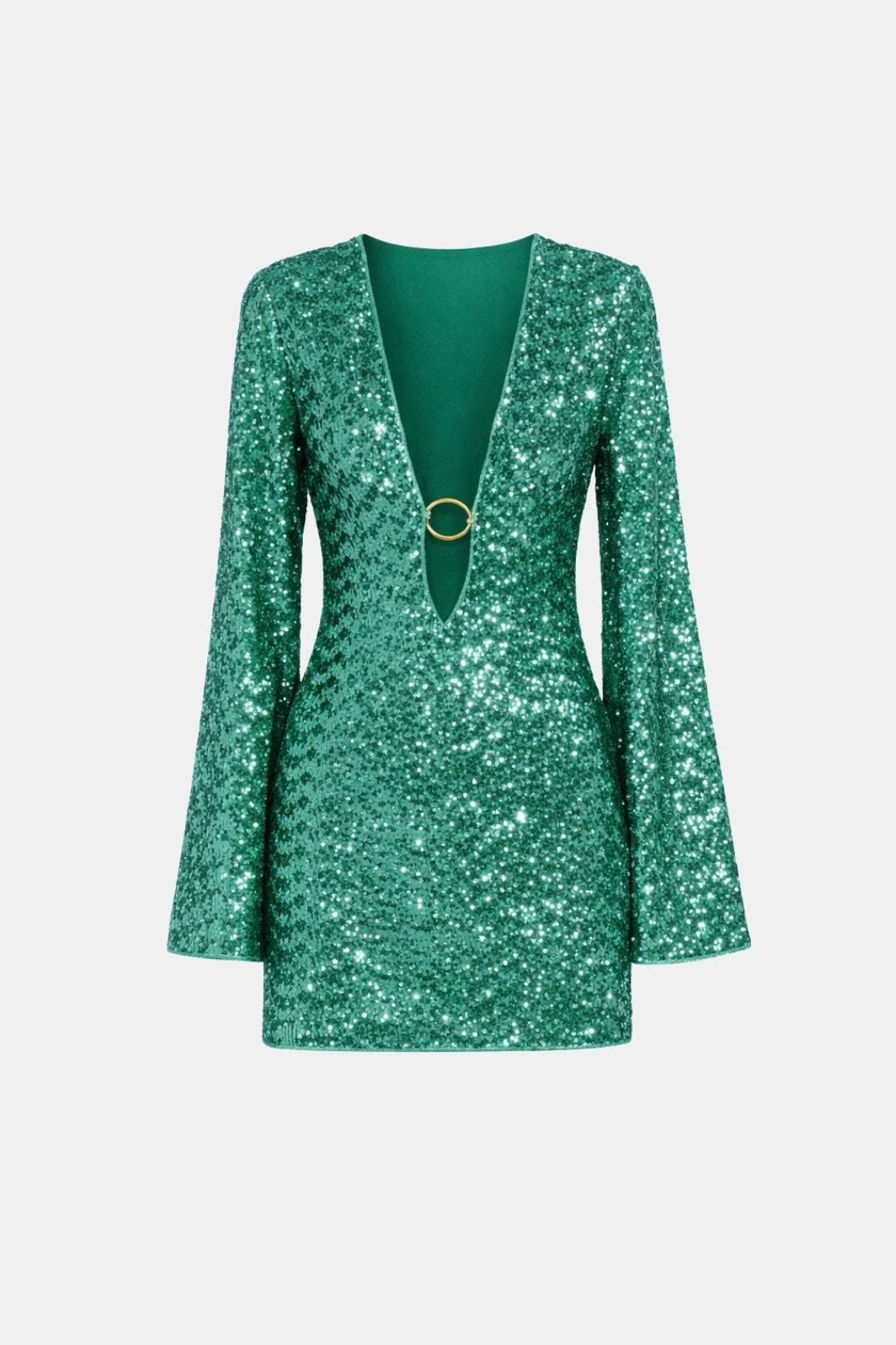 Green Sequin Mini Dress – Elegant V-Neck Long Sleeve — Green
