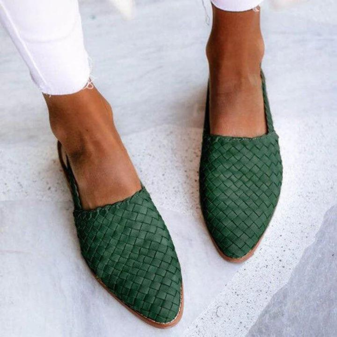 Dark Brown Woven Vegan Leather Ballet Flats for Women — Green