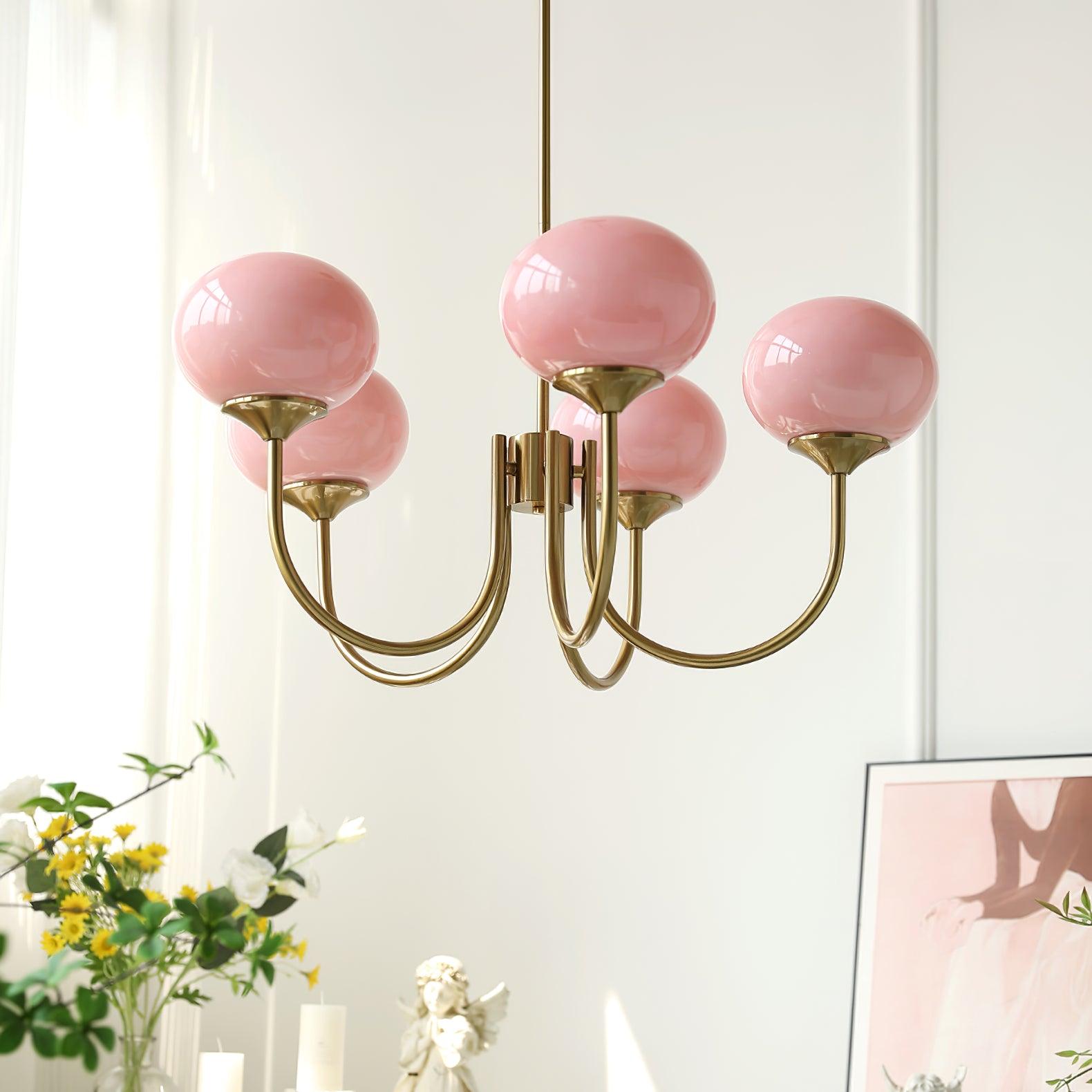Elegant Modern Brass Chandelier Light with Pink Glass Shades for Dining Room 0
