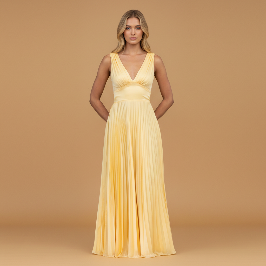 Yellow Pleated Maxi Dress with V-Neck and Open Back — Yellow