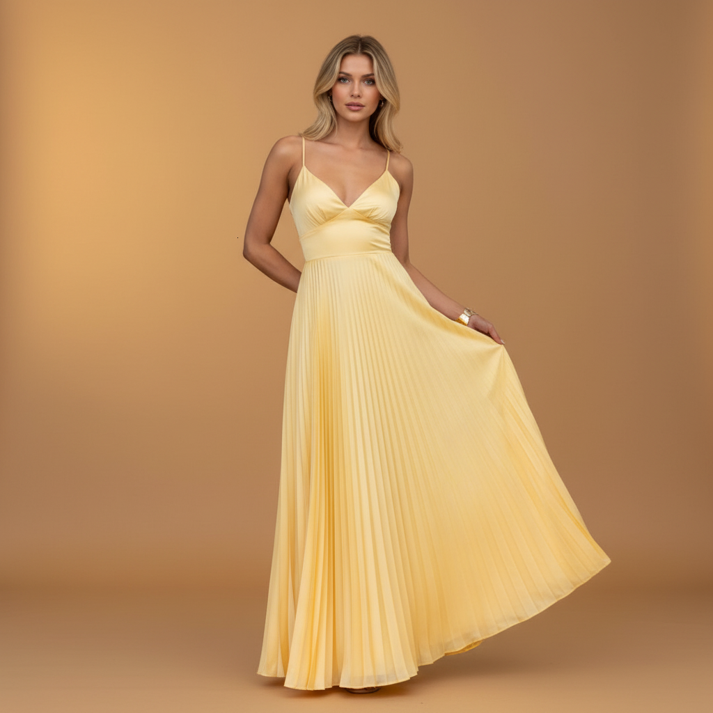 Yellow Pleated Maxi Dress with V-Neck and Open Back