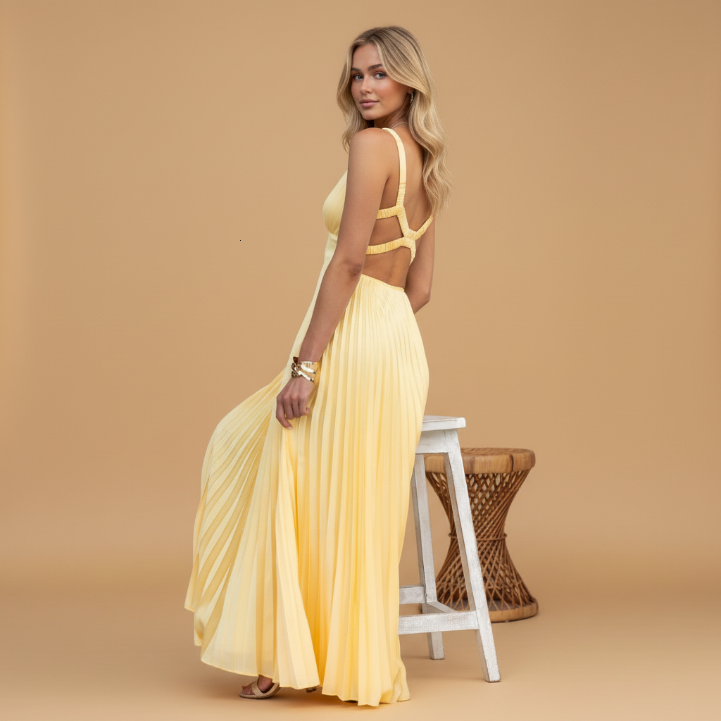 Yellow Pleated Maxi Dress with V-Neck and Open Back