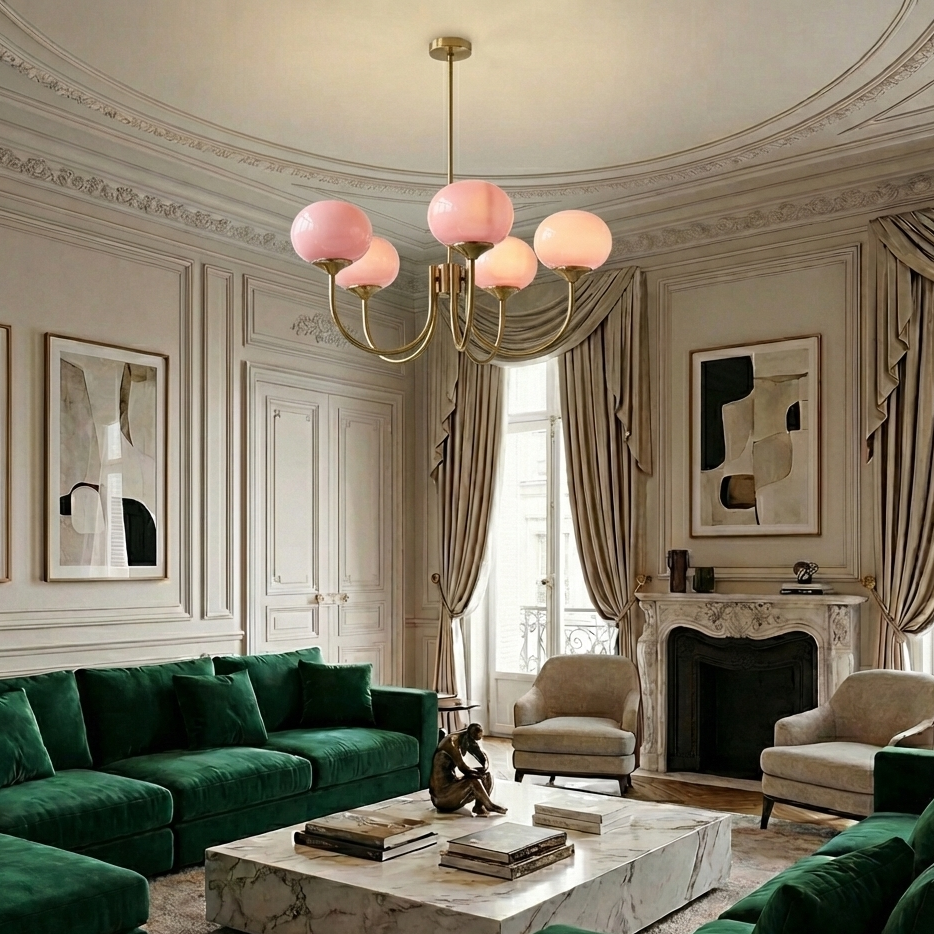 Elegant Modern Brass Chandelier Light with Pink Glass Shades for Dining Room