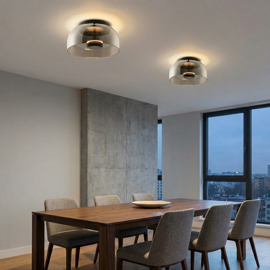 Modern Glass Flush Mount Ceiling Light Fixture with LED Illumination - Smoked Amber Shade