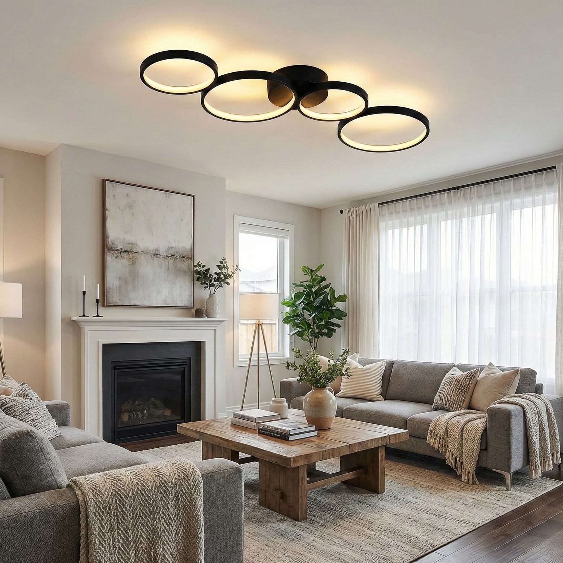 Modern LED Flush Mount Ceiling Light Fixture with Elegant Black Rings