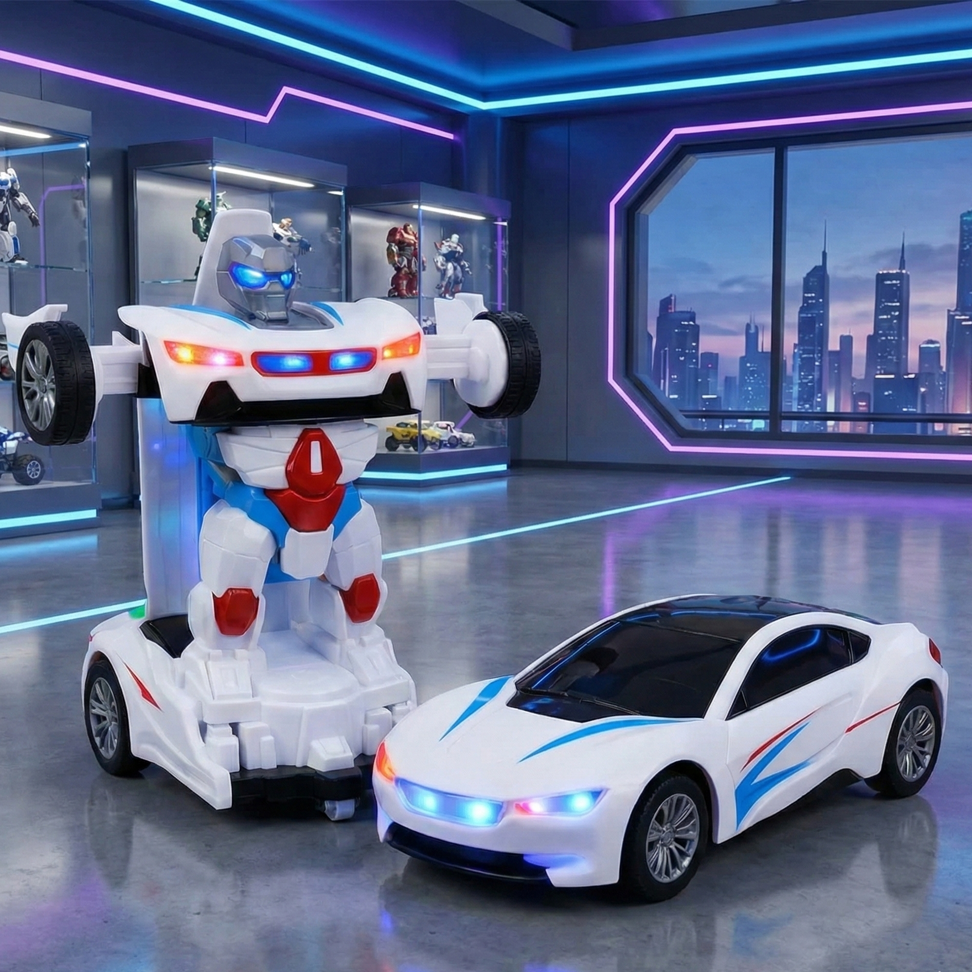 2-in-1 Car-to-Robot Transformer Toy with Lights and Sounds for Kids – Multi-Colored, Durable Plastic, Ages 3+
