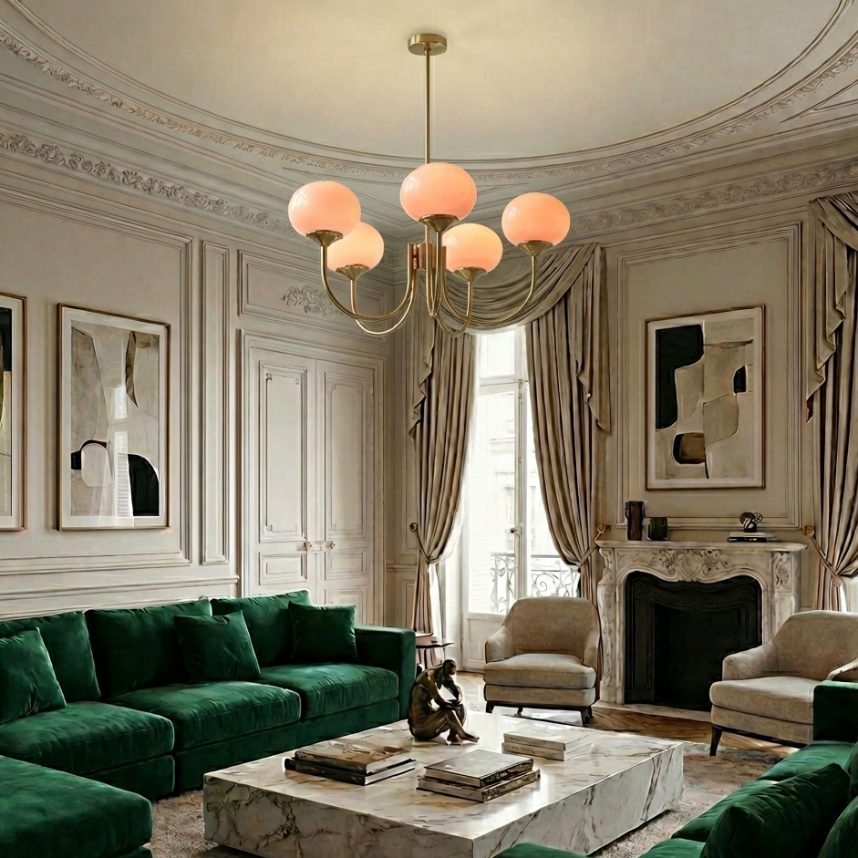 Elegant Modern Brass Chandelier Light with Pink Glass Shades for Dining Room