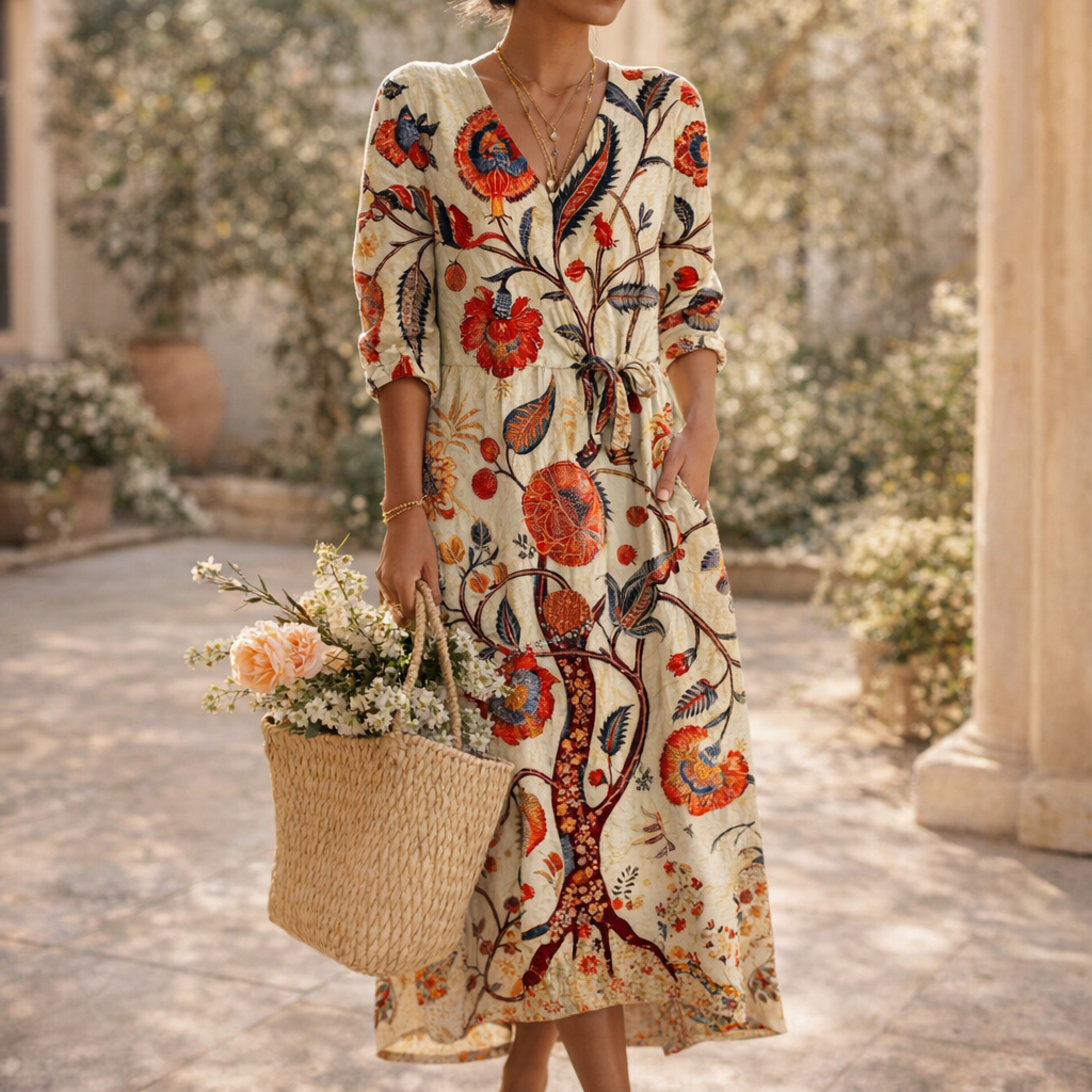 Floral Midi Dress - Bohemian Style, Relaxed Fit