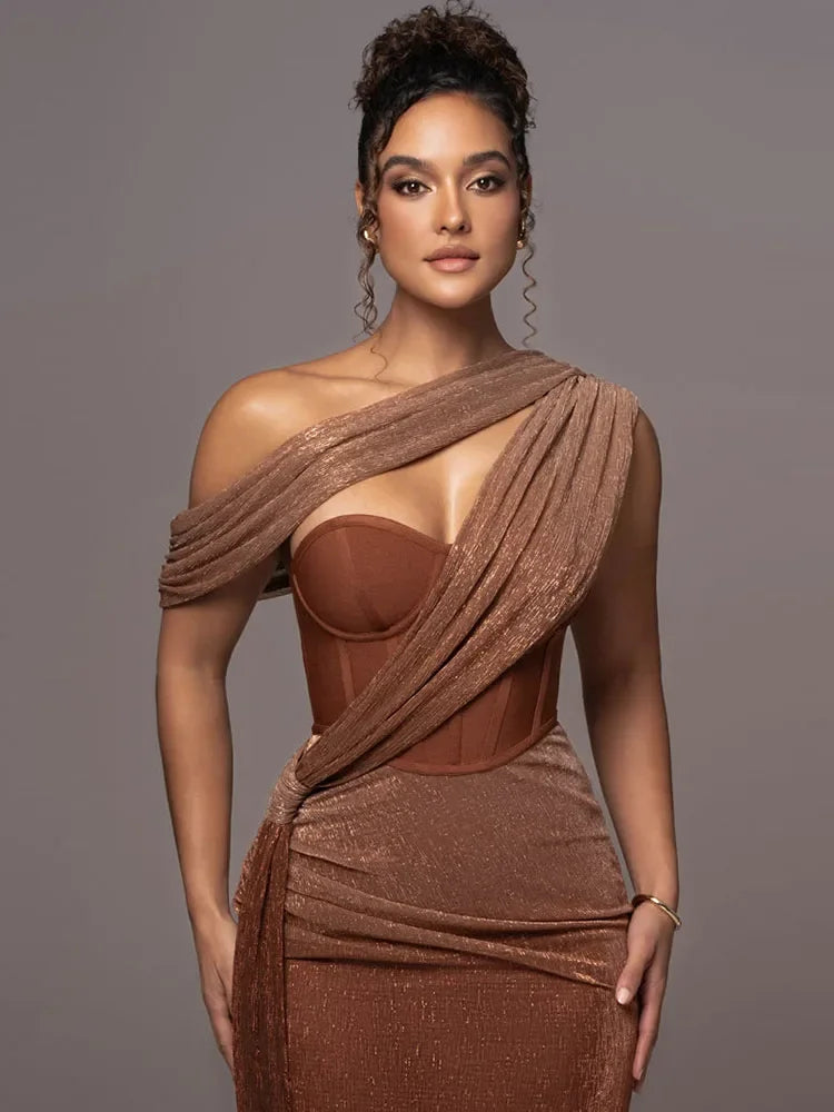 Brown One-Shoulder Maxi Dress - Luxe Evening Elegance