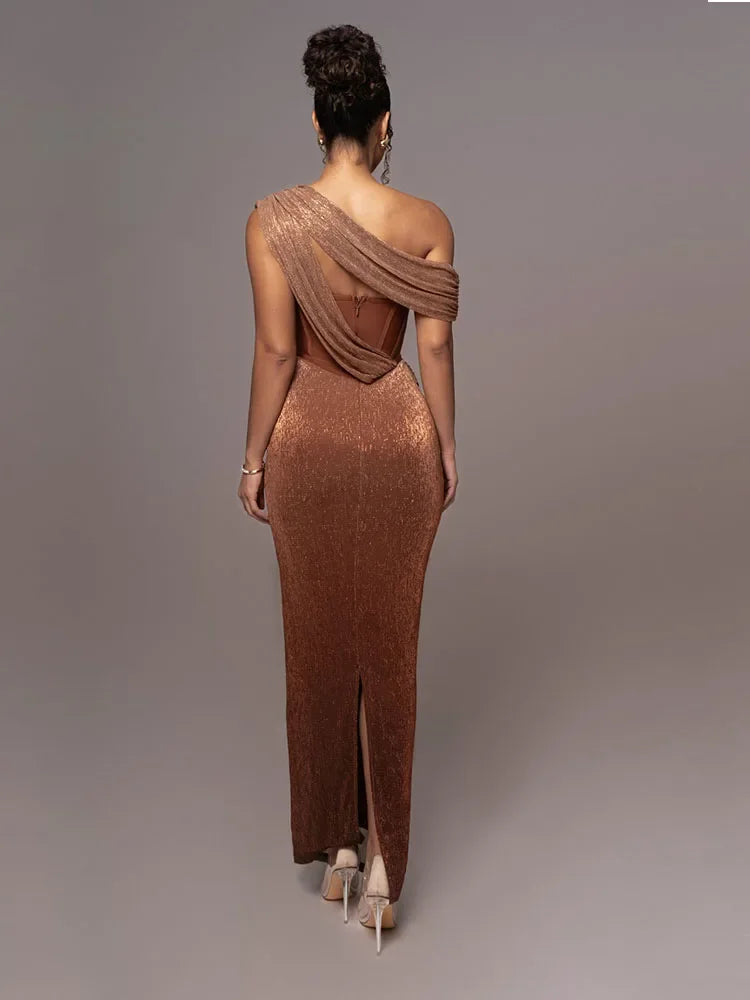 Brown One-Shoulder Maxi Dress - Luxe Evening Elegance
