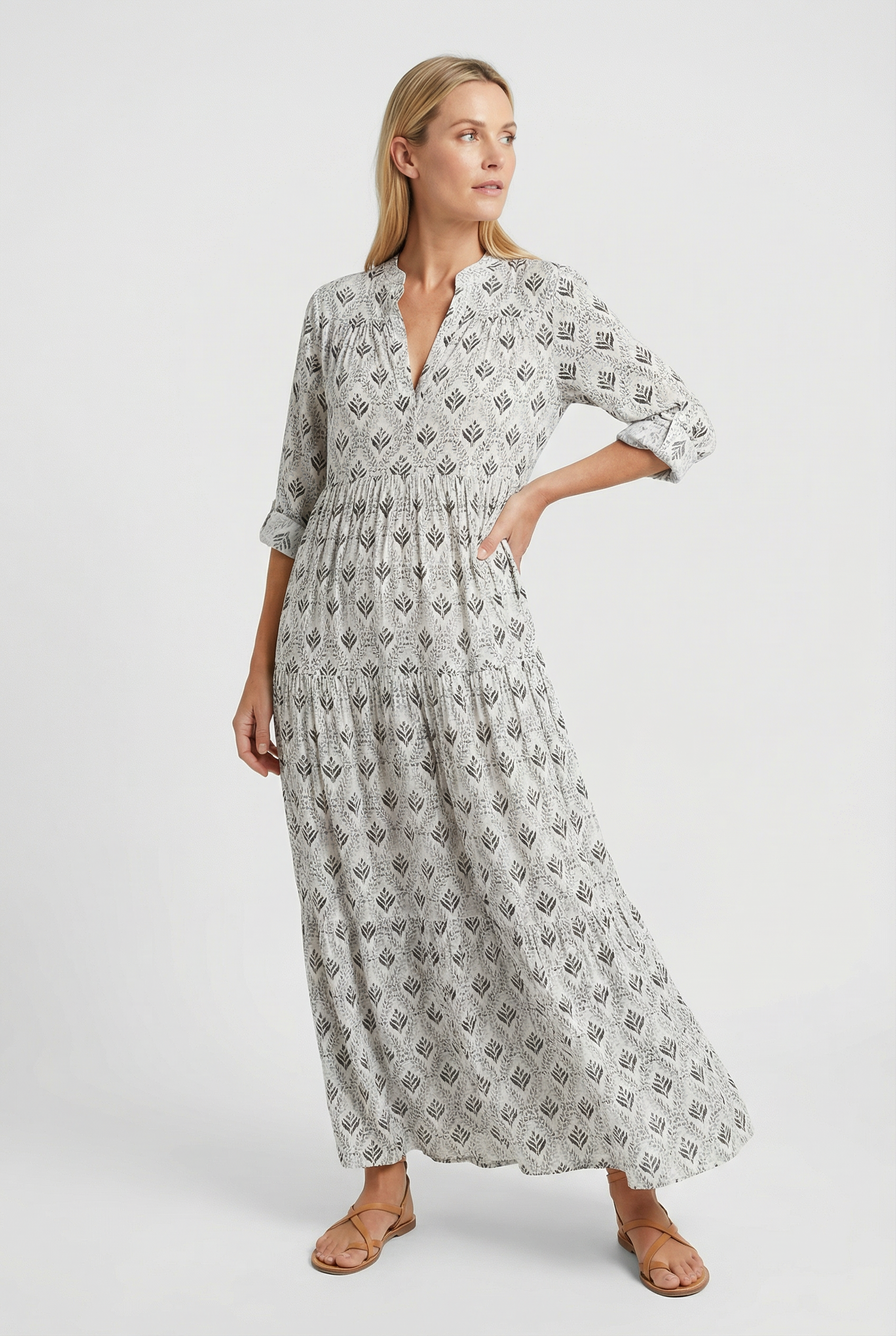 Pink Cotton V-Neck Maxi Dress with Vintage Print