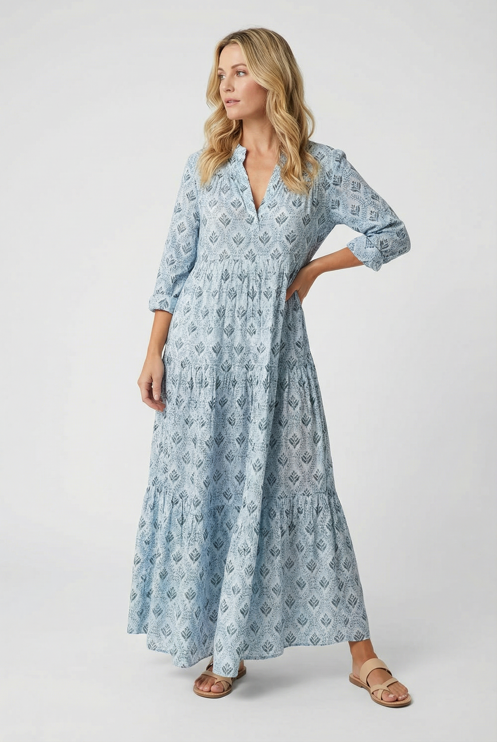 Pink Cotton V-Neck Maxi Dress with Vintage Print
