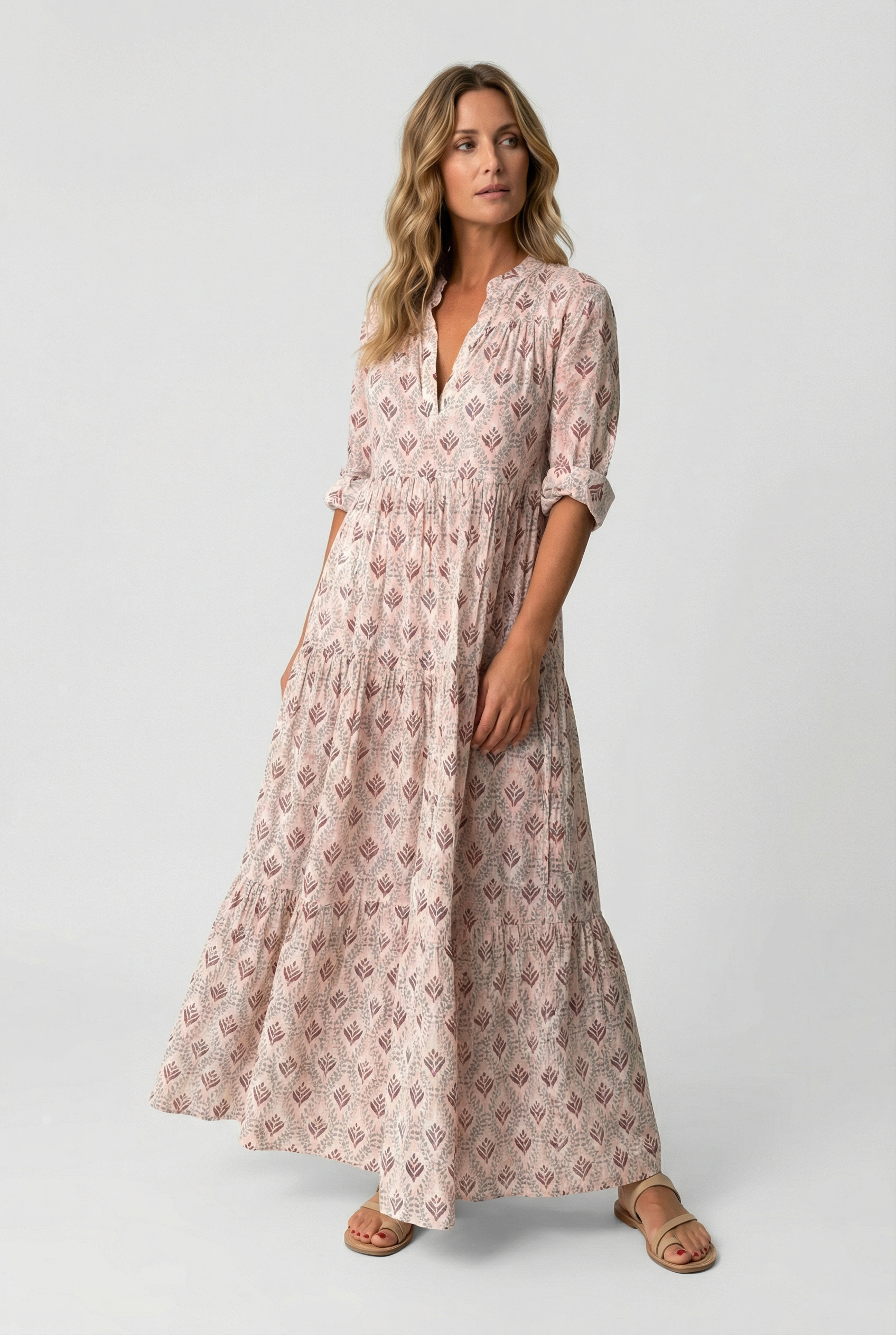 Pink Cotton V-Neck Maxi Dress with Vintage Print