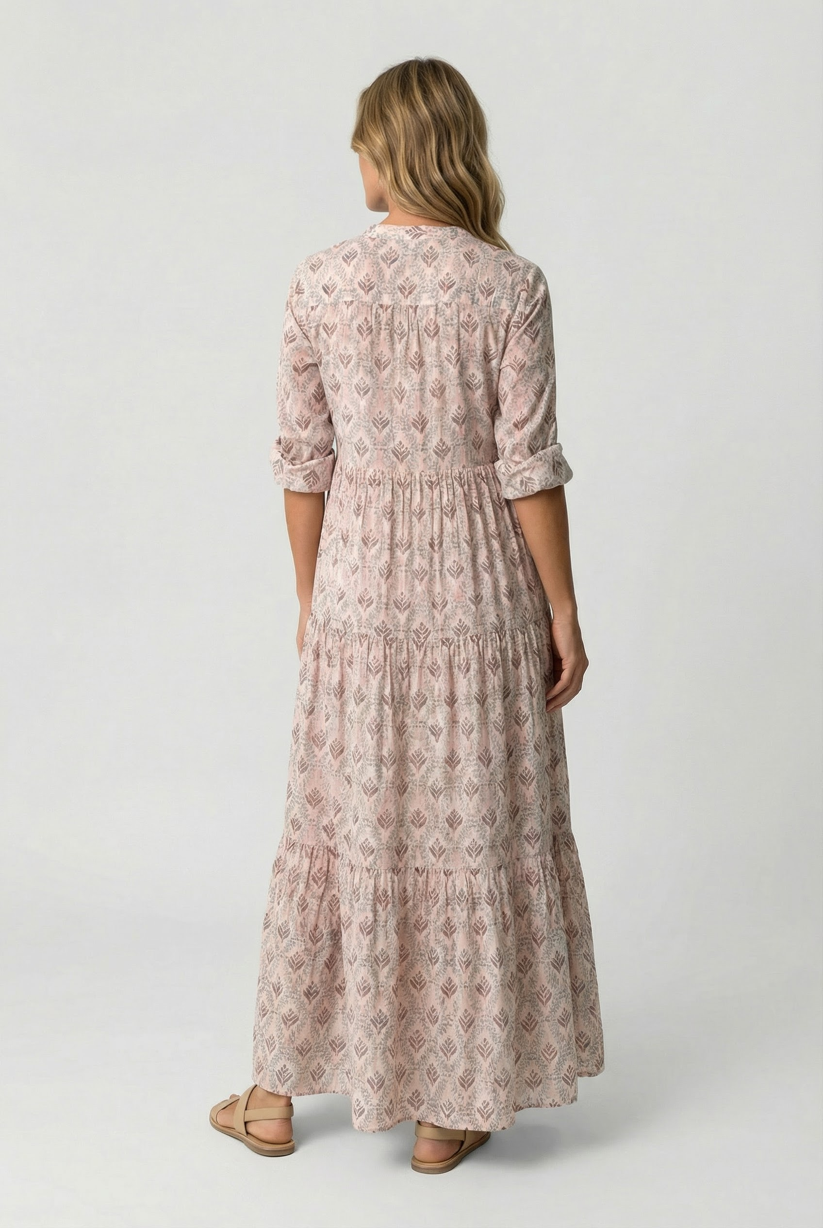 Pink Cotton V-Neck Maxi Dress with Vintage Print