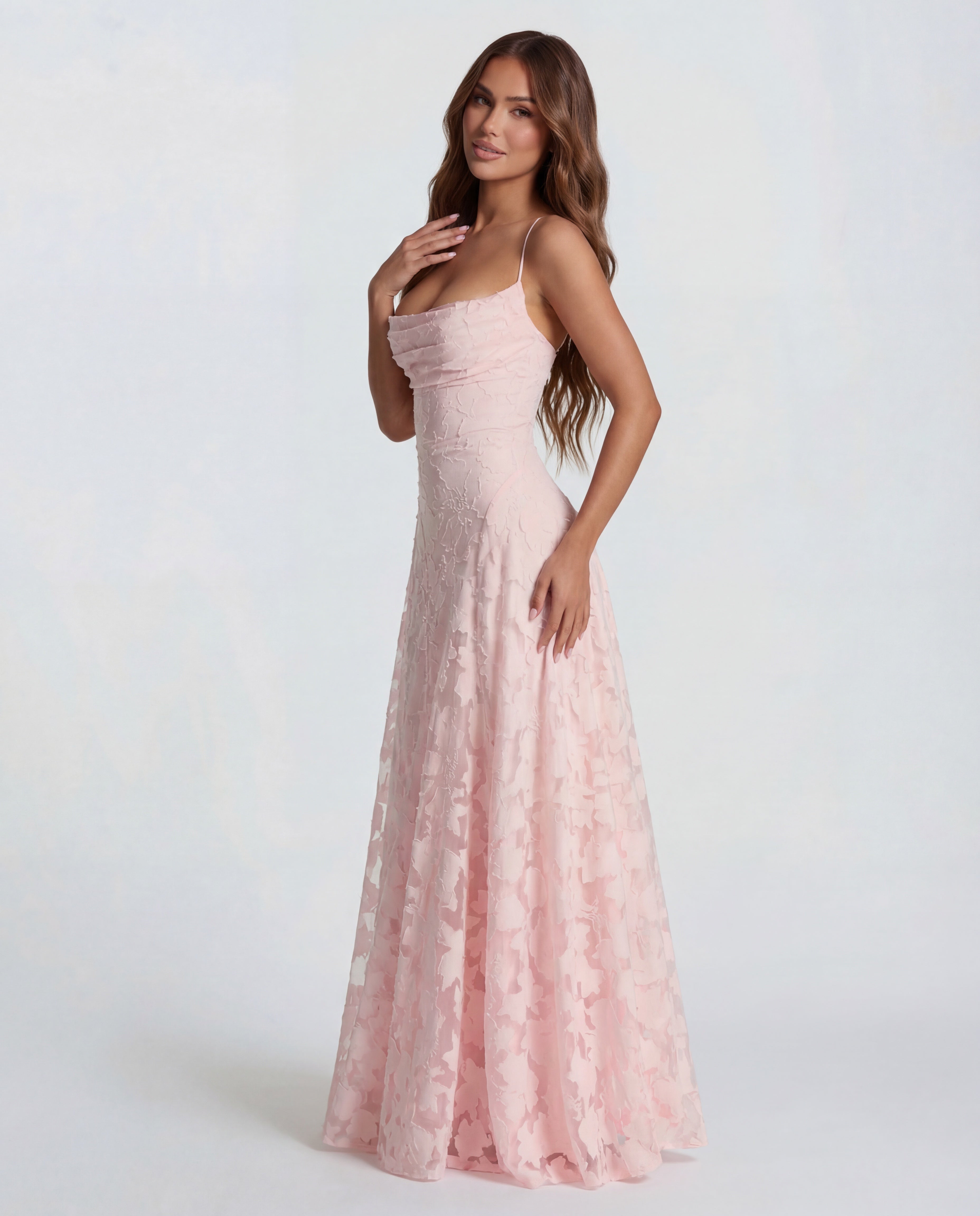 Pink Floral Lace Maxi Dress with Spaghetti Straps