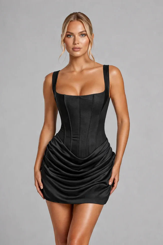 Black Lace Ruched Mini Dress – Square Neck Sleeveless