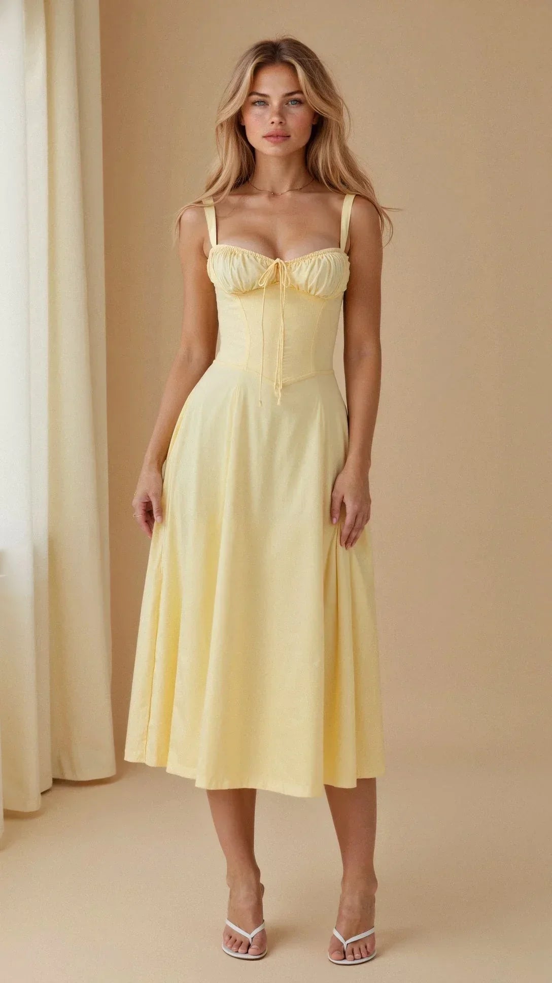 Pink Floral Bustier Midi Dress - Elegant Fit & Flare — Light Yellow