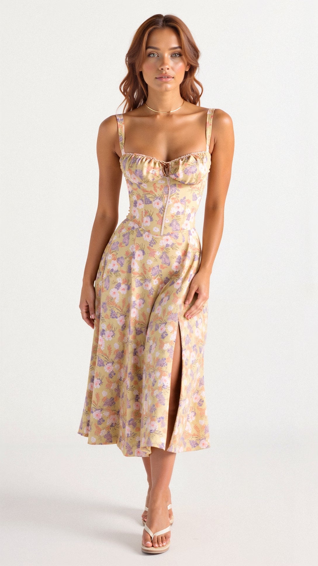 Yellow Floral Corset Midi Dress - Figure-Flattering Fit — Yellow