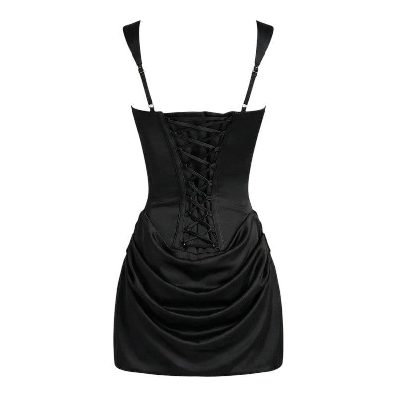 Black Lace Ruched Mini Dress – Square Neck Sleeveless