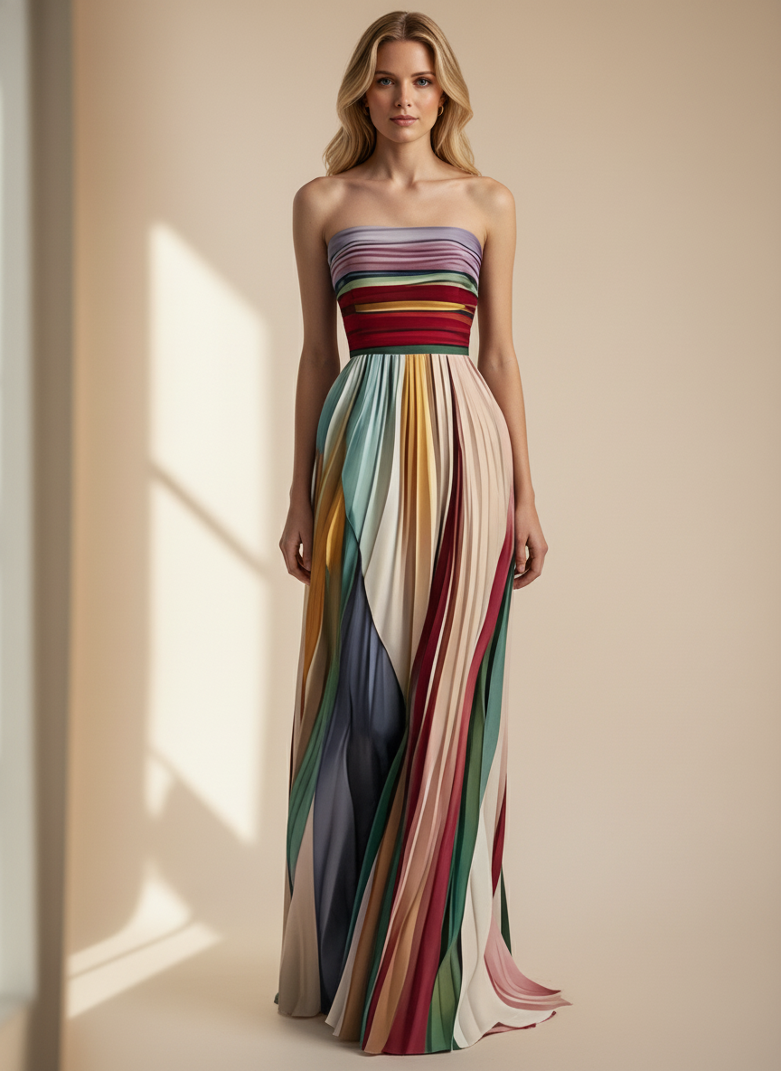 Multicoloured Plissé Maxi Dress - Strapless, Effortless Elegance