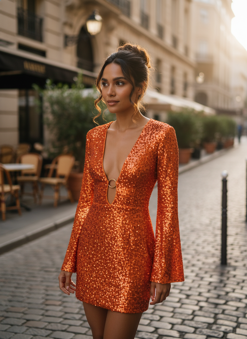 Green Sequin Mini Dress – Elegant V-Neck Long Sleeve