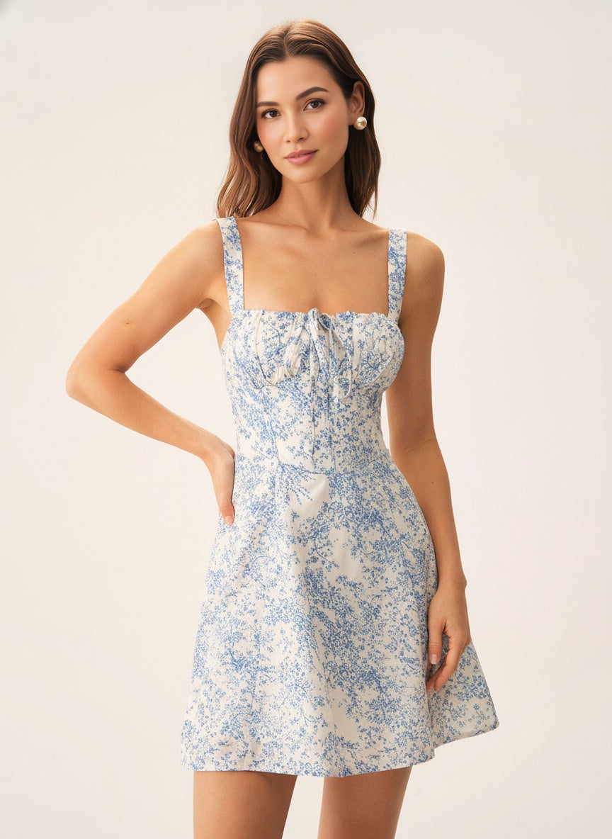 Blue Floral A-Line Slip Dress with Ruched Detail