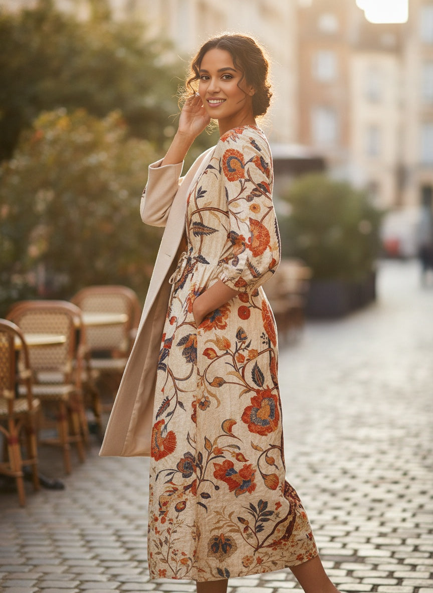 Floral Midi Dress - Bohemian Style, Relaxed Fit