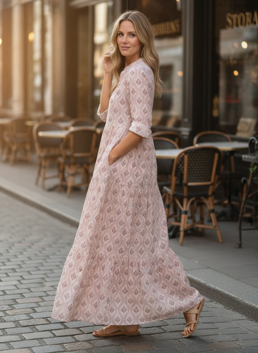 Pink Cotton V-Neck Maxi Dress with Vintage Print
