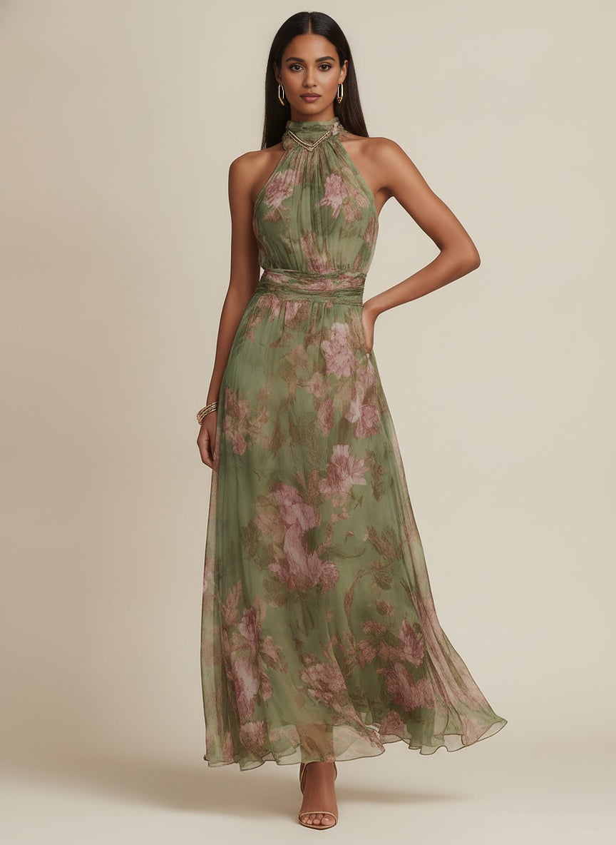 Green Floral Chiffon Maxi Dress for Wedding Guest