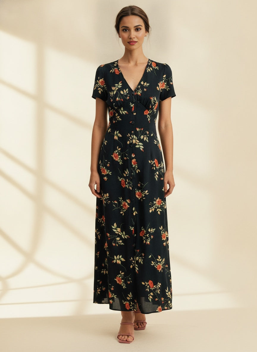 Black Floral V-Neck Maxi Dress - Effortless Elegance