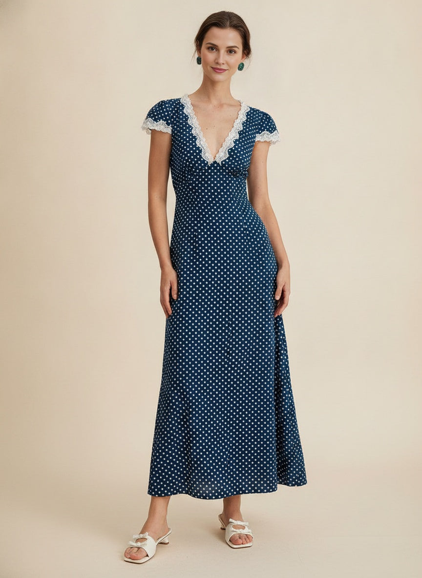 Navy Polka Dot Ruched Maxi Dress with Delicate Lace