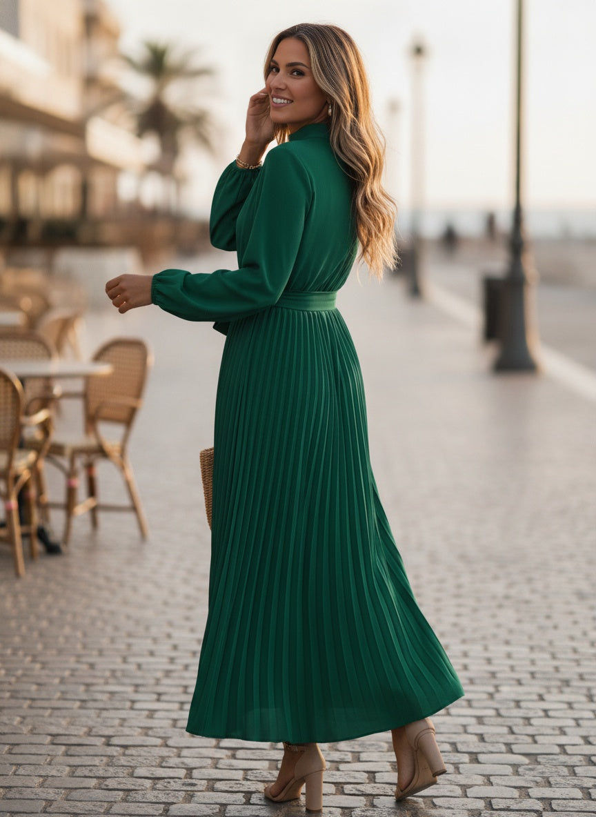 Red Pleated Maxi Dress with Long Sleeves & Defined Waist