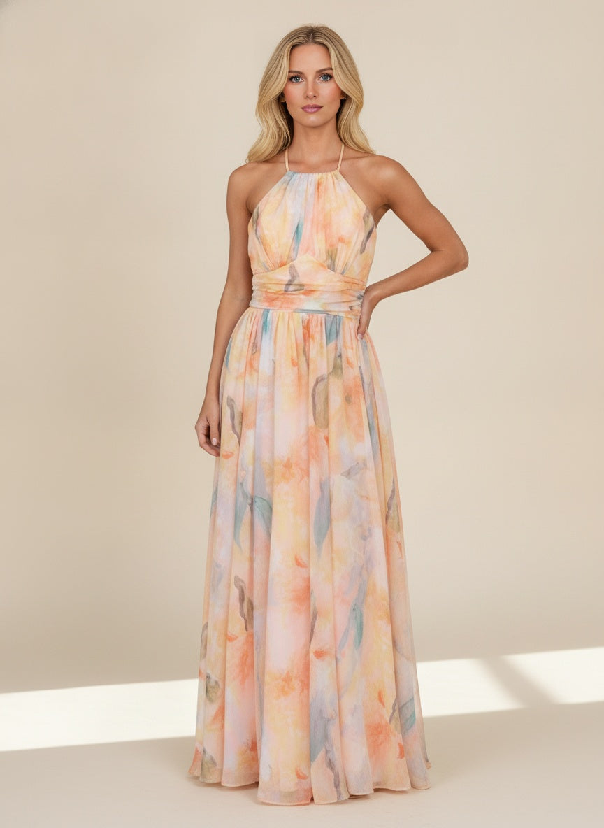 Peach Flowing Maxi Dress with Halter Neckline & Art Print
