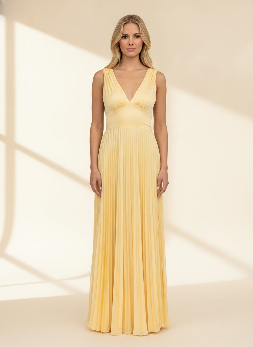 Yellow Pleated Maxi Dress with V-Neck and Open Back