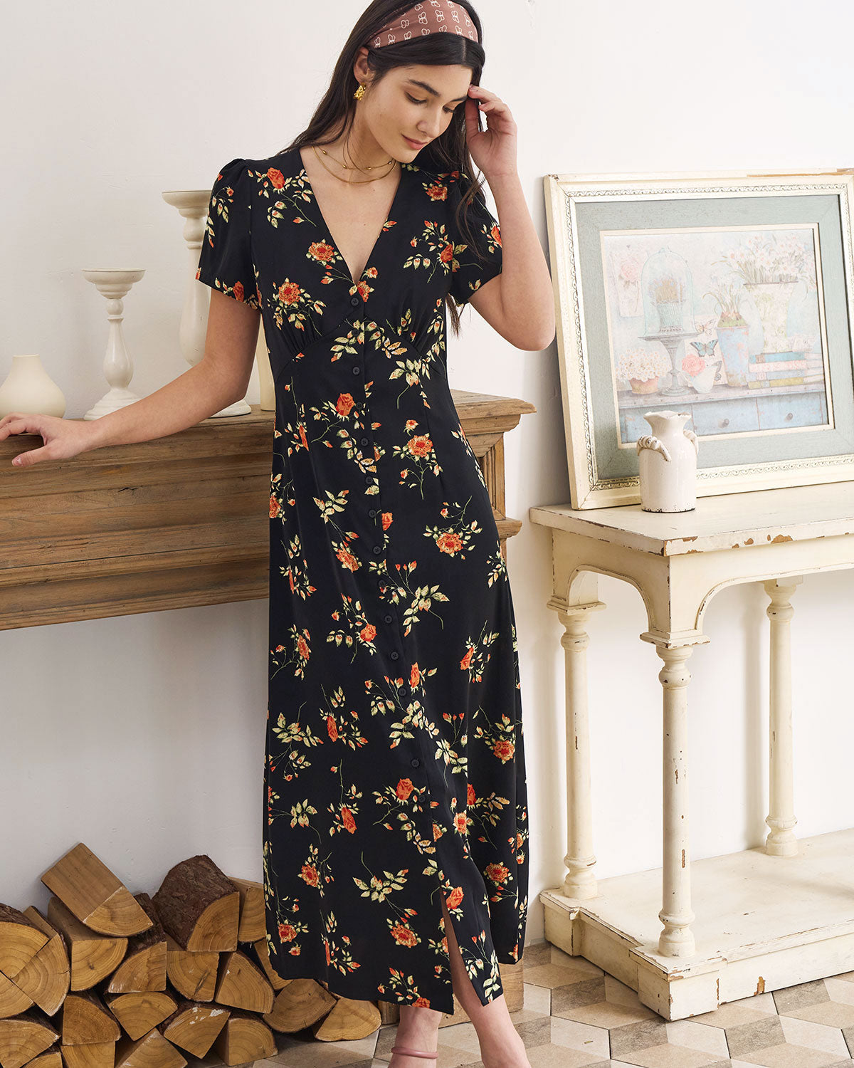 Black Floral V-Neck Maxi Dress - Effortless Elegance